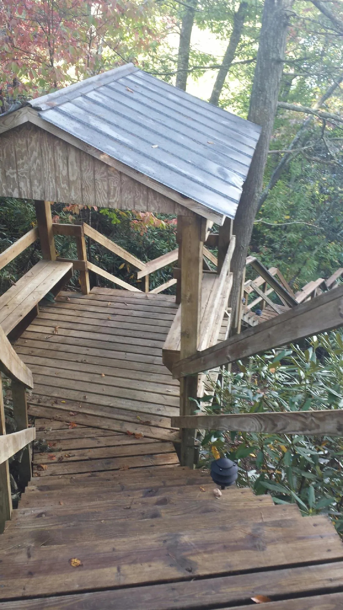 Metal roofed shelter over wooden steps on a wooded walkway — Skylight Repair & Installation work by our crew in Drake